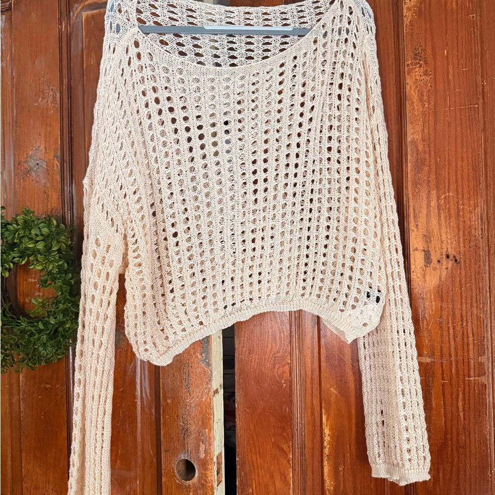 SHEIN Cream Open-Knit Cropped Crewneck Sweater
